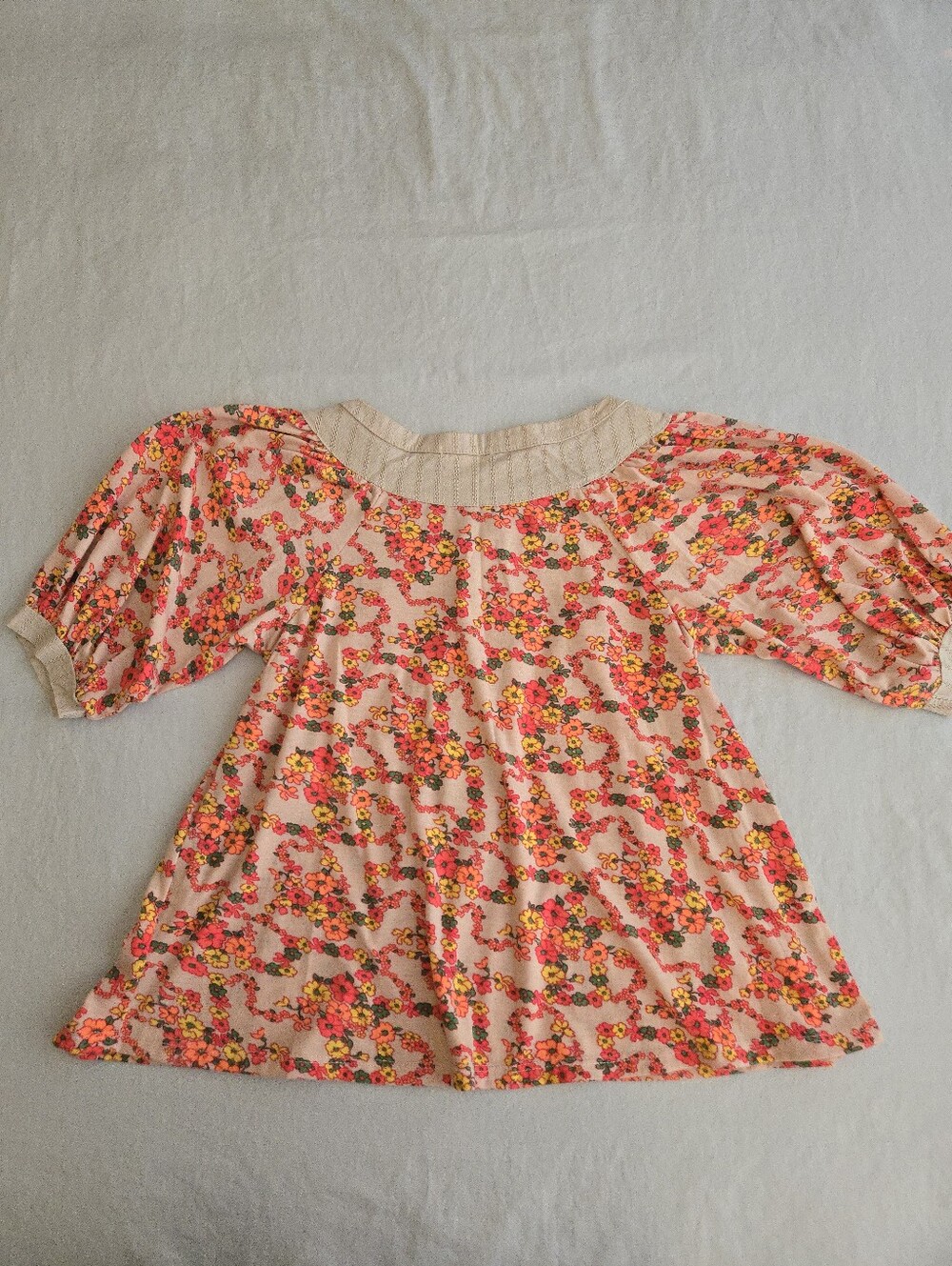 Lux Urban Outfitters Vintage 70s Style Floral Pink Beige Puff Sleeve Blouse EB4 - Picture 9 of 10